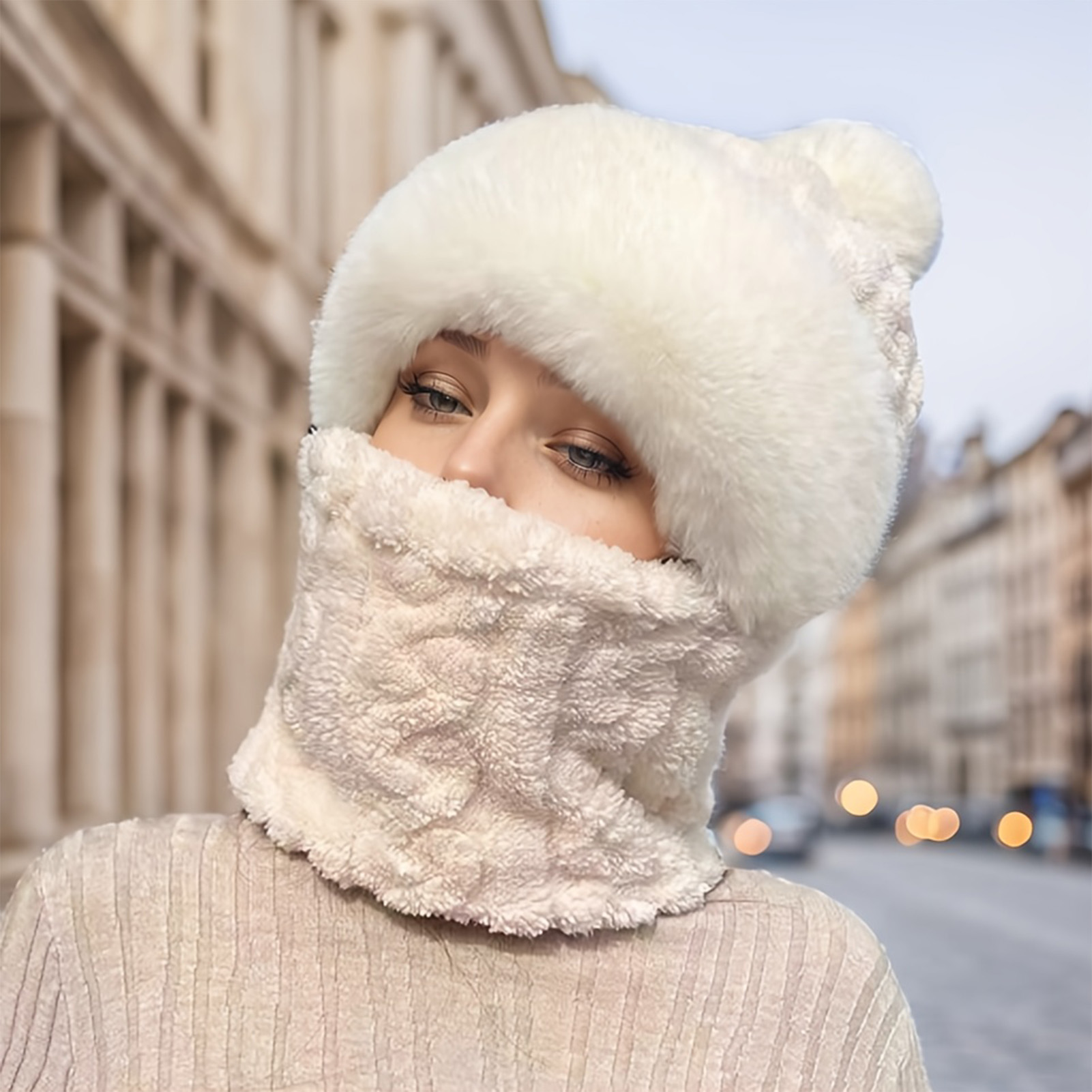 Cycling Gear To Keep You Warm - หมวกคลุมหน้ากันหนาว บุผ้าฟลีซ อบอุ่น มีฮู้ด สำหรับผู้หญิงและผู้ชาย พร้อมปอมปอม